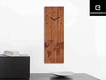 Ceas perete Wood World Time, Eurographics, model hartă, 20x60 cm