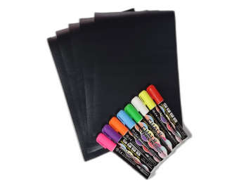 Set 5 coli A4 folie autoadezivă tip tablă de scris blackboard şi 8 markere cretă lichidă colorată