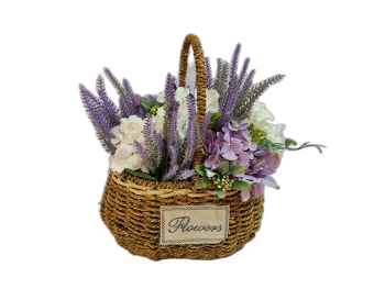 Coş decorativ din ratan împletit, cu flori artificiale lila, lavandă, hortensii şi bujori
