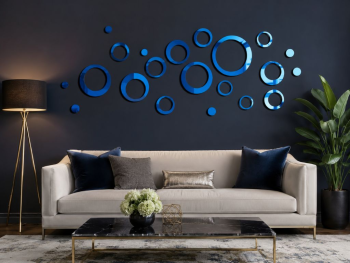 Set 25 stickere oglindă acrilică albastră, cercuri decorative 3D pentru perete