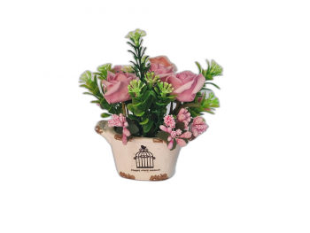 Decoraţiune cu flori artificiale roz în vas ceramic 
