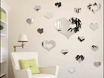 Decoraţiune perete oglindă Inimi, Folina, oglindă acrilică, set 16 piese