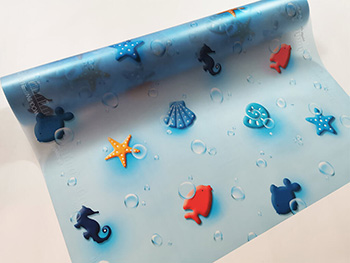 Folie cabină duş, MagicFix, sablare albastră cu imprimeu scoici colorate, autoadezivă, 92 cm lăţime