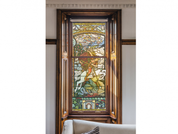Folie de geam autoadezivă, model vitraliu religios, scena Sfântul Gheorghe omorând balaurul, 100x200 cm