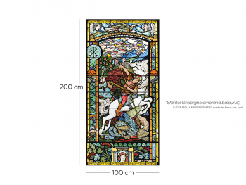 Folie de geam autoadezivă, model vitraliu religios, scena Sfântul Gheorghe omorând balaurul, 100x200 cm