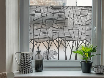 Folie geam autoadezivă, sablare tip bordură decorativă cu model pădure minimalistă, rolă de 45x200 cm, racletă de aplicare inclusă