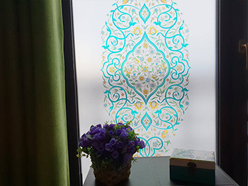 Folie geam autoadezivă Olivia  Folina, sablare cu model floral turcoaz, rolă de 75x100 cm
