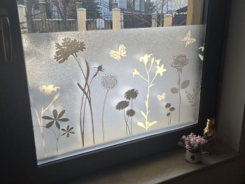 Folie geam electrostatică Blossom, d-c-fix, bordură decorativă cu efect de sablare, imprimeu floral gri, rolă de 45x300 cm