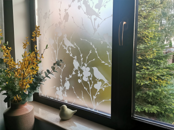 Folie geam autoadezivă, Folina Veneciano White, sablare cu crengi şi păsări, rolă de 100x100 cm