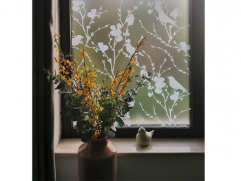 Folie geam autoadezivă, Folina Veneciano White, sablare cu crengi şi păsări, rolă de 100x100 cm