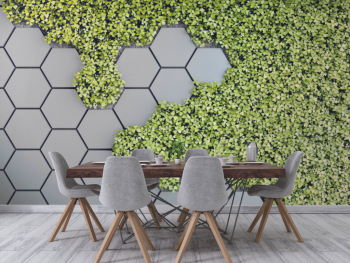 Fototapet 3D Green Vertical Garden, hexagoane gri si plante verzi, 400x260 cm