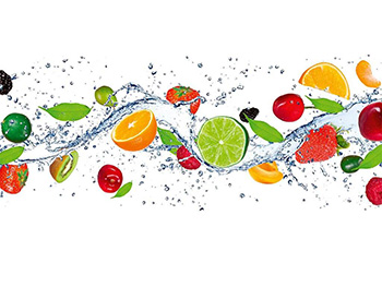 Fototapet bucătărie alb cu fructe, Dimex Fruits in water, dimensiuni 375x150 cm fototapet-bucatarie-fruits-in-water-375-150-3737