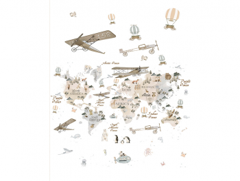 Fototapet cameră copii, harta lumii cu aparate de zbor, Marburg Little adventures 45858, 159x270 cm