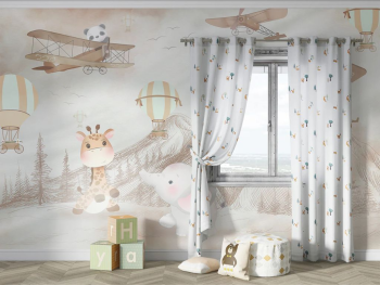 Fototapet copii cu animale, avioane, munți și baloane – design pastel, vlies, dimensiuni personalizabile
