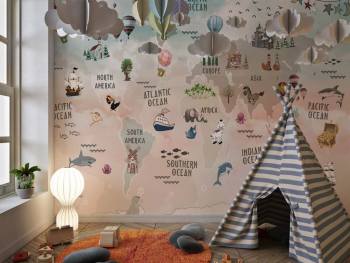 Fototapet copii harta lumii cu animale și oceane – model educativ și decorativ, material vlies, dimensiuni personalizabile