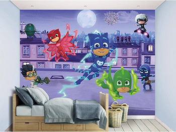 Fototapet copii Eroi în pijama PJ Masks, Walltastic, decorațiune multicoloră, dimensiune fototapet 304x244 cm