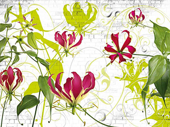 Fototapet floral Komar Gloriosa, crini pe un fundal ce imită un zid din cărămidă, dimensiuni 368x254 cm