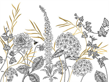 Fototapet Bumble Bee, Komar, model floral grafic cu accente metalice aurii, 400x280 cm fototapet-Bumble-Bee-komar-model-floral-grafic-si-accente-metalice-aurii-400-280-cm-6411