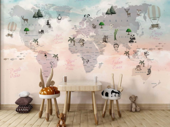 Fototapet copii harta lumii cu țări și animale - decor în nuanțe pastel, material vlies, dimensiuni personalizabile