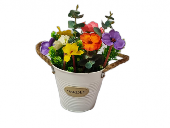 Găletuşă decorativă albă, cu flori artificiale multicolore, 25 cm înălţime