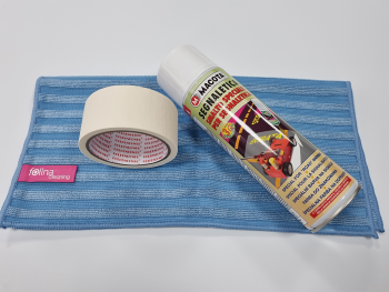 Set format din spray pentru marcaje Macota, alb, 500m, lavetă curățare si bandă adezivă 