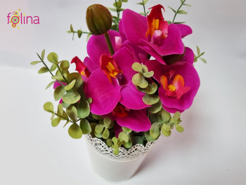 Orhidee artificială roz magenta, aranjament în vas metalic alb, 30 cm înălţime orhidee-artificiala-magenta-in-vas-alb-9746