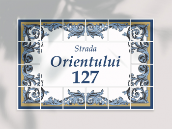 Placuță cu număr și adresă casă, model azulejos Lisabona, printare UV și text personalizat, 15x22 cm, bandă dublu adezivă inclusă