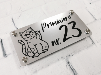 Plăcuță adresă din bond auriu sau argintiu, model pisică Oscar, cu text personalizat prin gravare