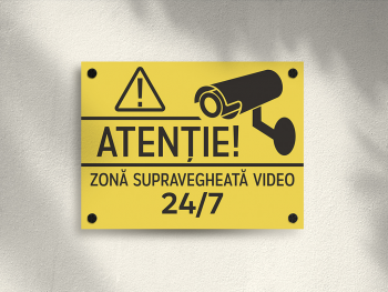 Plăcuță din acril gravată atenționare zonă supravegheată video, distanțiere incluse