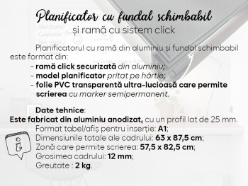 Tablă albă whiteboard, planificator săptămânal, cu ramă din aluminiu, 60x80cm planificator-planner-whiteboard-saptamanal-rama-click-aluminiu-fundal-schimbabil-s1-4225
