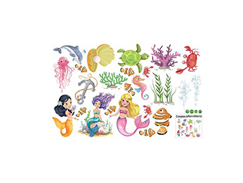 Set 24 stickere faianţă baie, Folina, model sirene şi peştisori coloraţi