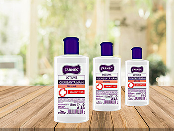 Set 3 bucăți Loțiune igienizantă pentru mâini, Farmec, cu Alcool 70% și glicerină, 150 ml