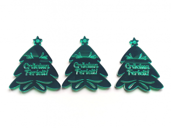 Set 3 decoraţiuni Brăduţ cu mesaj Crăciun fericit, din oglindă acrilică verde