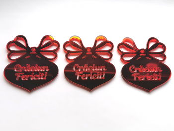 Set 3 decoraţiuni cu mesaj Crăciun fericit, din oglindă acrilică roşie