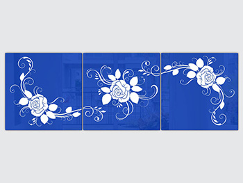 Set 3 tablouri albastre, Folina, model floral alb, dimensiune tablouri 40x40 cm