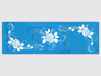 Set 3 tablouri bleu, Folina, model floral alb, dimensiune tablouri 40x40 cm