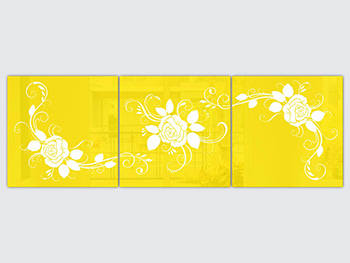Set 3 tablouri galbene, Folina, model floral alb, dimensiune tablouri 40x40 cm