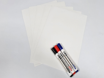 Set 5 coli A4 folie autoadezivă tip tablă de scris whiteboard şi 3 markere colorate