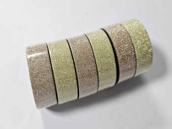 Set 6 role washi tape, bandă adezivă Glitter, sclipici auriu si bej, role de 1,5 cm x 5 metri