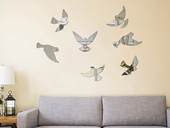Set 7 stickere oglindă Păsări, decoraţiune perete din oglindă acrilică argintie