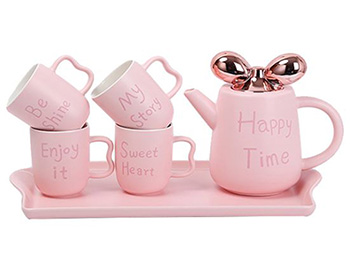 Set ceşti ceai Happy Time, Folina, din ceramică, roz - 6 piese