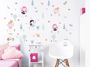 Set Stickere zâne Woodland Fairies, Walltastic, decorațiune pentru copii, set 63 stickere autoadezive