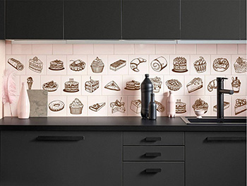 Set 30 stickere faianţă bucătărie, Folina, model Prăjituri, stil grafic, maro