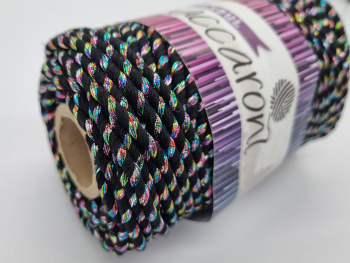 Şnur decorativ Glitter, fibre răsucite din bumbac negru şi fibre metalizate multicolor