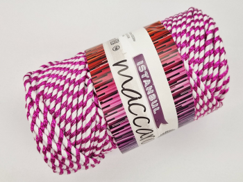 Şnur decorativ Glitter, fibre răsucite din bumbac alb şi fibre metalizate roz