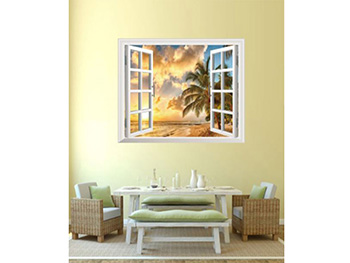 Sticker 3D Fereastră către plajă exotică, Folina, peisaj- 85x58 cm