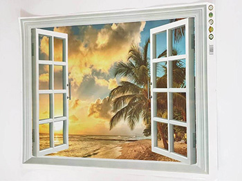 Sticker 3D Fereastră către plajă exotică, Folina, peisaj- 85x58 cm