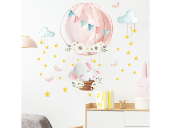 Sticker cameră bebe, Balon roz printre steluţe, racletă de aplicare inclusă.