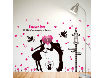 Sticker decorativ Indrăgostiţi, Cupidon şi inimioare roz, 90x130 cm