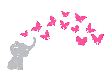Sticker perete Micul elefant și fluturii, Folina, culoare roz, set 12 stickere